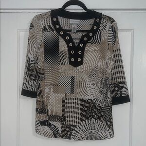 Alfred Dunner Beige and Black Abstract Blouse EUC